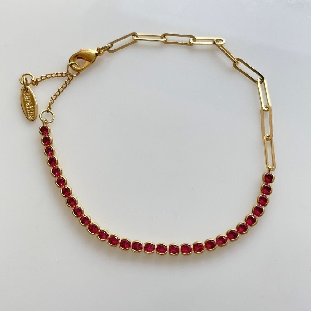 Serefina Pink CZ Half Chain Paperclip Link 14K Gold Plated Tennis Bracelet 7"